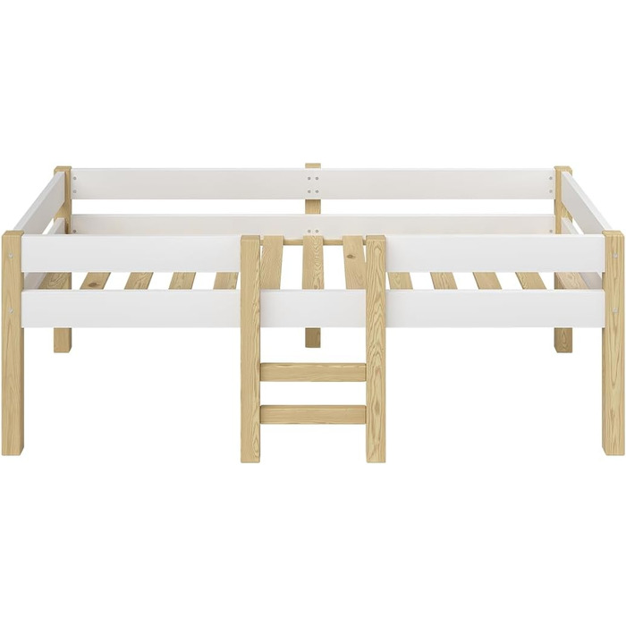 Дитяче ліжко Bellabino Aspy 90x200 см Двоярусне ліжко з матрацом, поручнями та рейковою основою Ліжко середнього класу з драбиною з масиву сосни білого/натурального кольору Дитяче ліжко для хлопчиків та дівчаток з білим матрацом Без шухляд