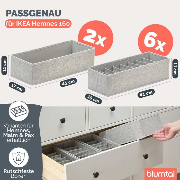 Набір органайзерів для гардеробу, 8 шт. - Різні органайзери для гардеробу для комодів HEMNES - Складані коробки для бюстгальтерів, футболок - Органайзер для гардеробу - Сортер для гардеробу, сірий, подвійний Hemnes