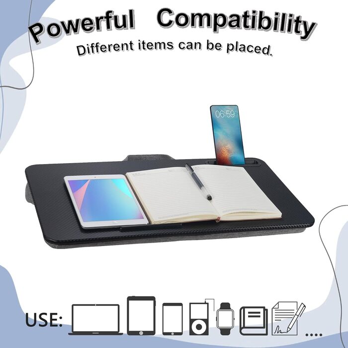 Стіл для ноутбука на коліна, портативний, сумісний з ноутбуками до 16 дюймів, з тримачем для планшета, вбудованою подушкою, ідеальний для дому та офісу, чорний колір