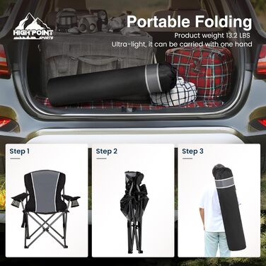 Складаний кемпінговий стілець HIGH POINT SPORTS, витримує до 160 кг, з підсклянниками, чорний