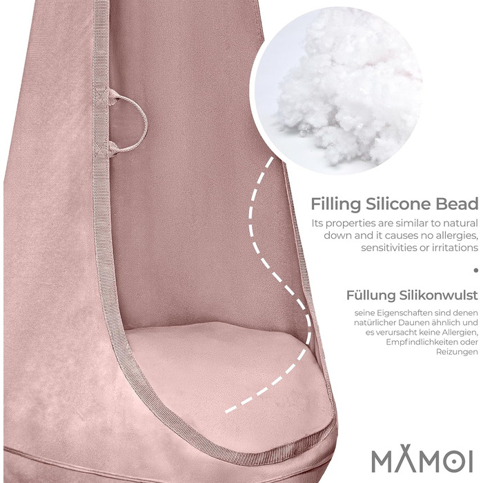 Підвісне крісло для приміщень з мякою подушкою, елегантне підвісне сидіння з ручками, преміальний оксамит, міцна конструкція з підвісним елементом, рожевий