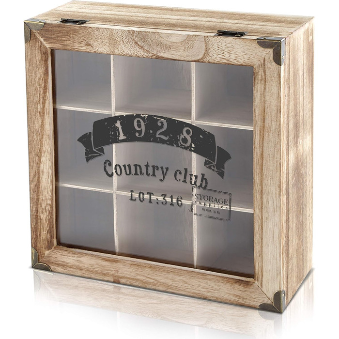Дерев'яна коробка для чаю Oramics Vintage Look '1928 Country Club з 6 або 9 відділеннями, чайна коробка, чайна коробка, включаючи електронну книгу (9 відділень)