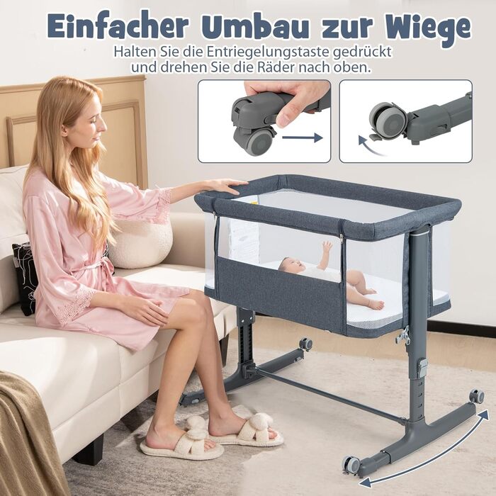 Ліжечко DREAMADE 2-в-1 Side-by-Side, дорожнє ліжечко з регульованою висотою на 5 рівнях з матрацом та колесами, колиска 86 x 63 см для дітей від народження до 9 кг, дитяче ліжечко з кутом нахилу 10 (модель 2 - темно-сірий)