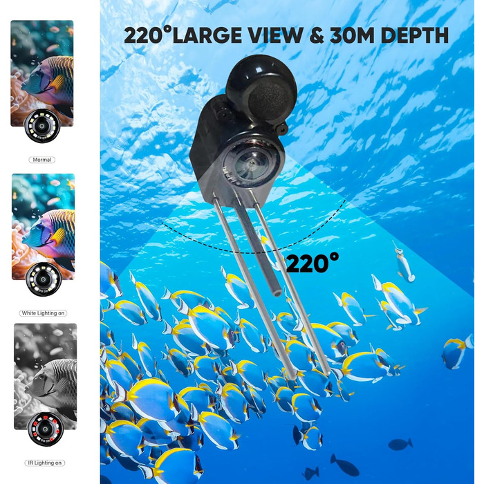 Ехолот, камера для підводної риболовлі з IPS-дисплеєм, ширококутним кутом нічного бачення 220, водонепроникний ехолот IP67, ідеально підходить для морської, річкової та підлідної риболовлі.