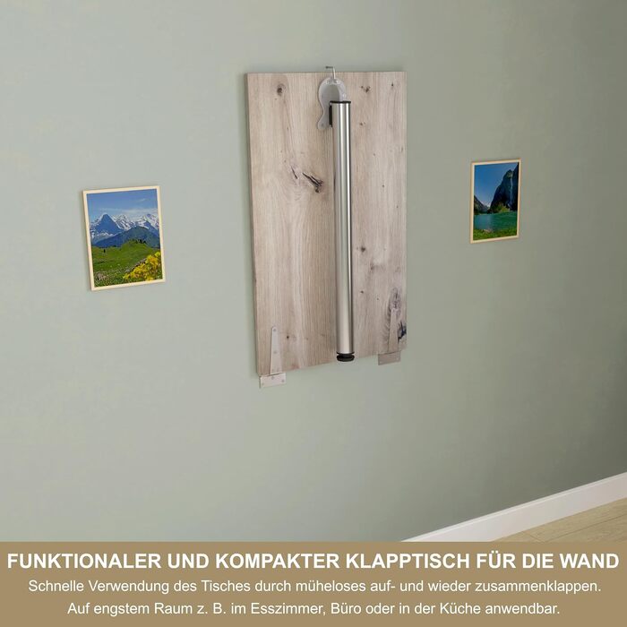 Настінний розкладний стіл KDR 80x50 см, сучковатий дуб розкладний стіл з хромованою ніжкою для настінного монтажу як обідній, письмовий або кухонний стіл висота 74 см
