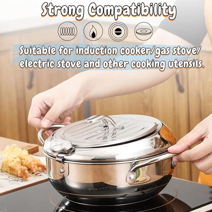 Горщик для смаження в японському стилі, маленька фритюрниця з термометром і кришкою, каструля з нержавіючої сталі, сумісна з індукційною плитою (великий розмір 24 см)