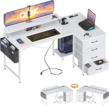 Кутовий стіл ODK білий, стіл L-подібної форми з 4 шухлядами, 140x80x84.7 см, стіл L-подібної форми двосторонній з портом для заряд