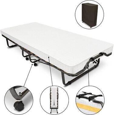 Розкладне ліжко для гостей Beautissu 90x200 см Міцне та складне дорожнє ліжко, включаючи захисний чохол та матрац з пінопласту товщиною 10,5 см Розкладне ліжко без складання Міцний сталевий каркас та 4 колеса Venetia 90x200 см Білий