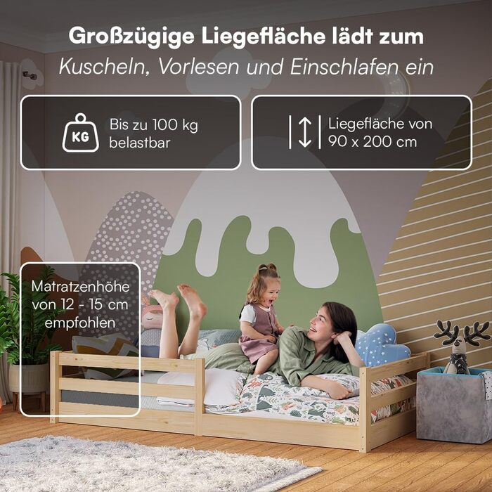 Ліжко Bellabino Iskri на підлозі 90x200 см Дитяче ліжко Монтессорі із захистом від падіння та рейковою основою Дерев&39яне ліжко для хлопчиків та дівчаток з масиву сосни натурального кольору Дитяче ліжко натурального кольору 90x200 см без матраца