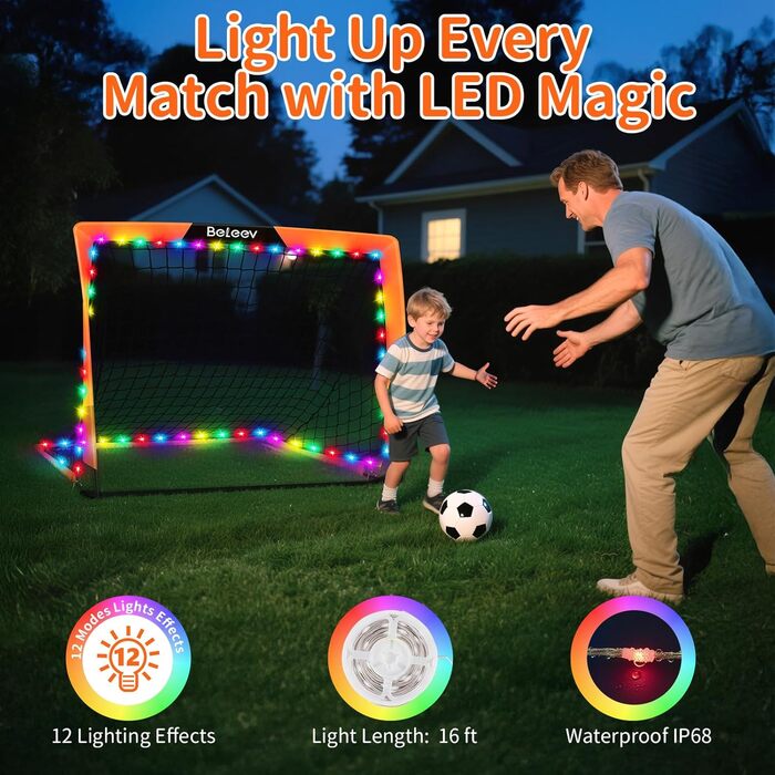 Дитячі футбольні ворота BELEEV для саду 4x3/6x4 фути, високоякісний портативний складний комплект футбольних воріт зі світлодіодними ліхтарями, скловолокнистими стійками, сумкою для перенесення, для тренувань у приміщенні та на відкритому повітрі, подарун