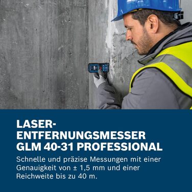Лазерний далекомір Bosch Professional GLM 40-31 (IP 65, ударостійкий корпус, 7 режимів вимірювання, автообчислення довжини/площі/об'єму, яскравий кольоровий дисплей, сумісність з Li-Ion акумулятором)