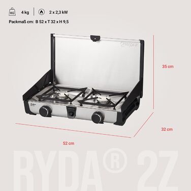 Газовий пальник Enders Ryda 2Z, 2-конфорковий, з захистом від згасання полум'я, пальники з нержавіючої сталі 2x2,3 кВт, компактний, з газовим шлангом та вітрозахистом 1862