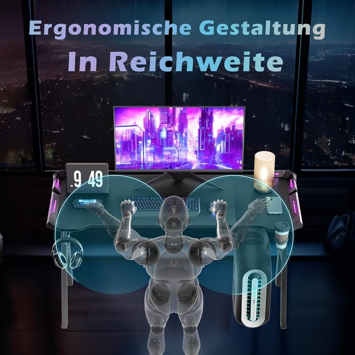 Ігровий стіл зі світлодіодним підсвічуванням, 140 x 60 см, поверхня з карбонового волокна ПК, включає підставку для чашок та гачок для навушників, легке складання, висота 73 см, чорний