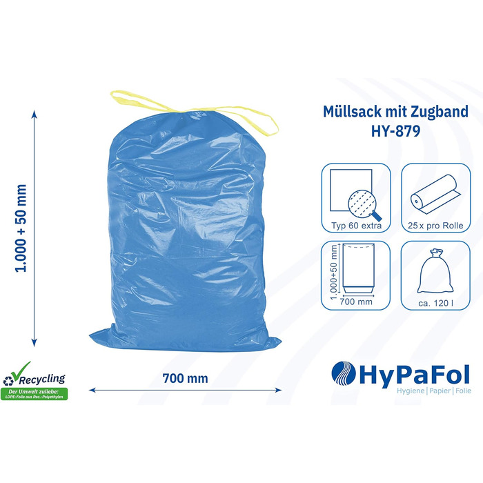 Сміттєві пакети Hypafol Тип 60 зі шнурком, 120 л Пакети для сміття для дому, саду та промисловості Надзвичайно міцні та стійкі до розривів Сині надміцні сміттєві пакети з високоякісного матеріалу 125 шт. (25 шт. в упаковці) 120 літрів