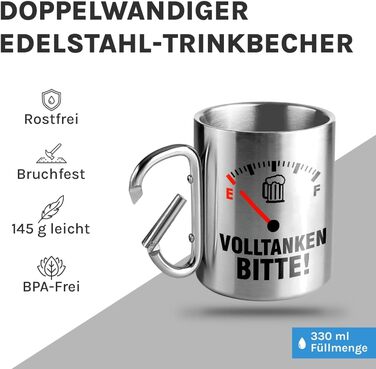 Долийте, будь ласка Чашка з нержавіючої сталі з карабіном Ідея подарунка 330 мл Чашка Для кемпінгу Ключки Сріблястий без кришки