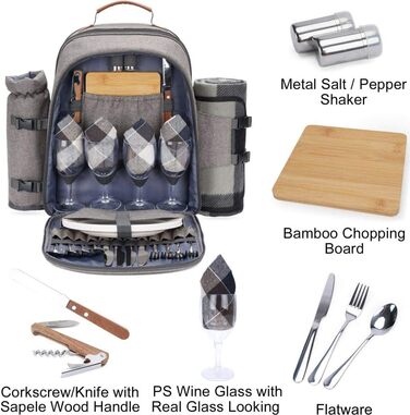 Ізольований пікніковий рюкзак HappyPicnic для 4 осіб з повним набором посуду, містким відділенням-холодильником, тримачами для пляшок та великим водонепроникним килимком для пікніка