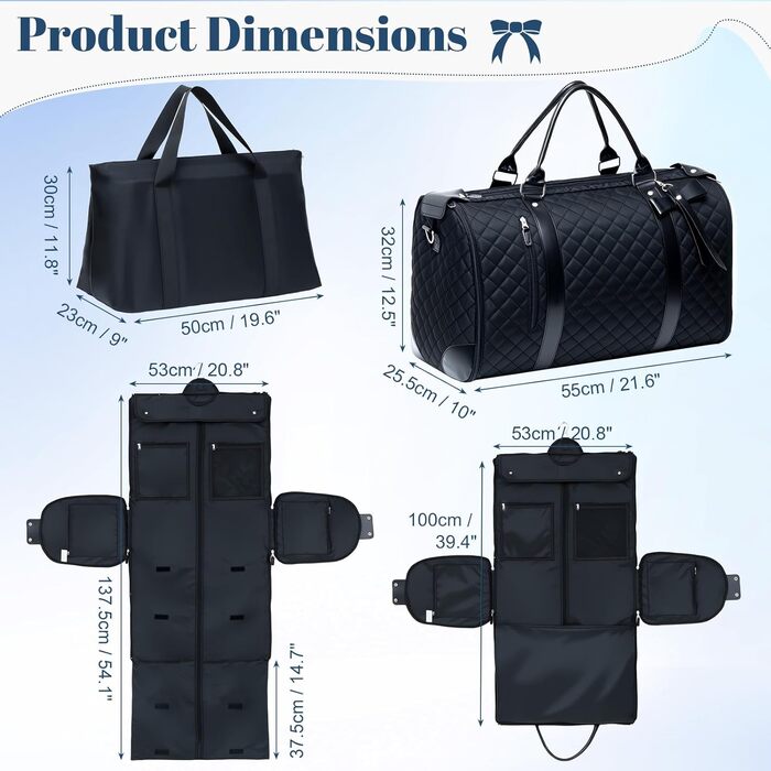 Дорожня сумка GARPROVM Suit Bag для жінок, трансформована сумка для одягу 3 в 1 з дизайном 2 мішків та знімною ручною поклажею, водонепроникна сумка для одягу на вихідні для подорожей без складок (чорна)