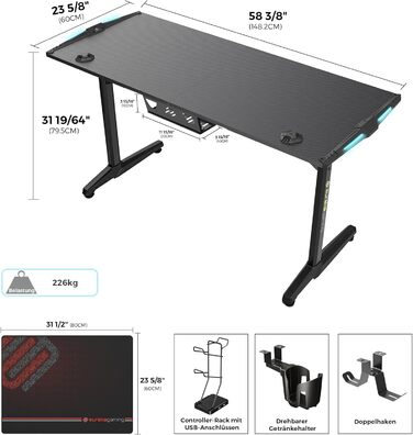 Ігровий стіл EUREKA ERGONOMIC, 140 x 60 см, МДФ / сталь / вуглецеве волокно, чорний