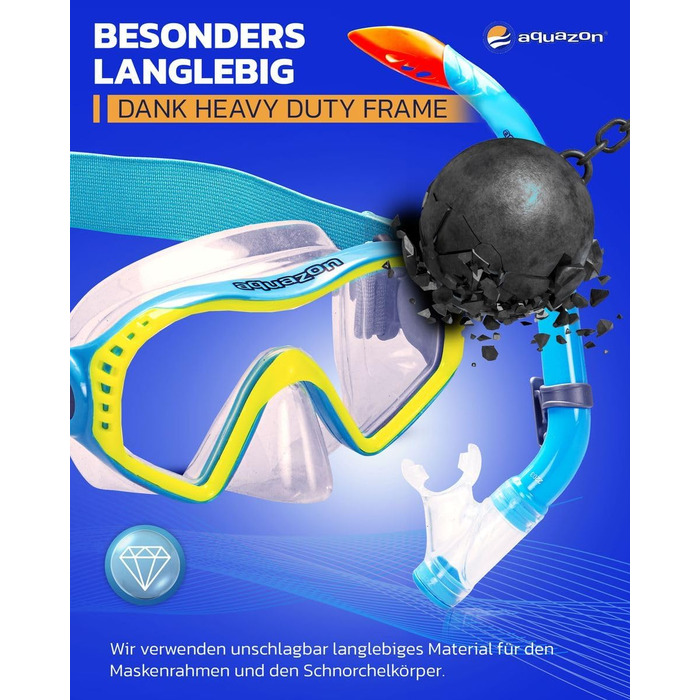 Дитячий комплект для підводного плавання AQUAZON Starfish - Маска для дайвінгу з надзвичайно зручною текстильною пов&39язкою на голову - 7-12 років - включаючи трубку, супер прозоре загартоване скло, синє