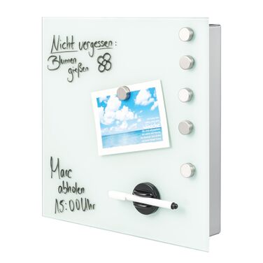 Скринька для ключів Bremermann XL зі скляною передньою частиною, з можливістю запису, 13 гачків, 6 магнітів, 1 маркер, 1 тримач для маркера, металевий корпус, порошкове покриття сірого (білого) кольору