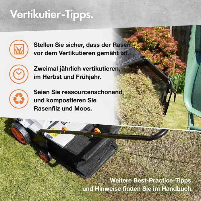 Електричний аератор/вертикуттер/граблі для газону 1500 Вт, для розпушування та прибирання газону, видаляє повсть, мох та листя, покращує аерацію ґрунту, мішок для збору 30 л, 4 рівні висоти зрізу, ширина робочого захоплення 32 см, потужність 1500 Вт