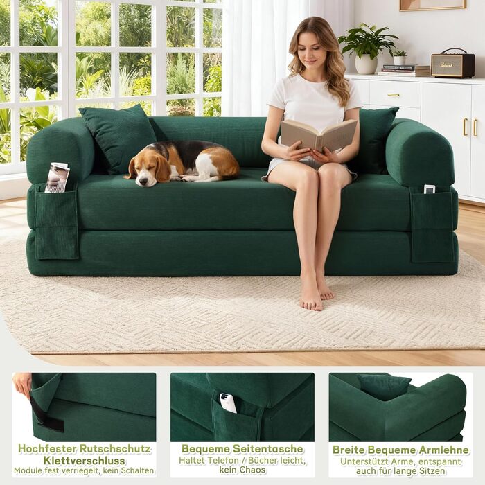 Диван BMMB з функцією сну, 203 см 3-місний диван без кісток, розкладний диван-ліжко з 2 подушками, сучасний розкладний диван-ліжко для вітальні/спальні (темно-зелений, 8025) Темно-зелений 8025