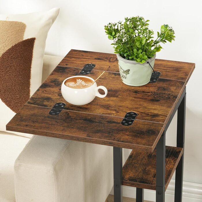 С-подібний бічний столик HOOBRO, розкладний диван-столик, журнальний столик, столик для перекусу з полицею для зберігання, вузька тумбочка для вітальні, спальні, металевий каркас, темно-коричневий EBF29SF01 темно-коричневий чорний