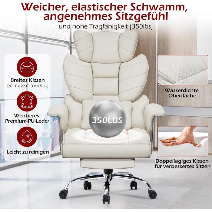 Ергономічне офісне крісло з висувною підставкою для ніг, регульоване по висоті робоче крісло, велика м&39яка спинка, індивідуальна поперекова підтримка, крісло керівника зі штучної шкіри, білий колір з підставкою для ніг