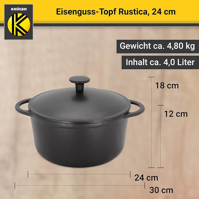 Чавунна каструля Krger з кришкою - емальована - чорна матова зовні і всередині - висока термостійкість і дуже добре утримує тепло