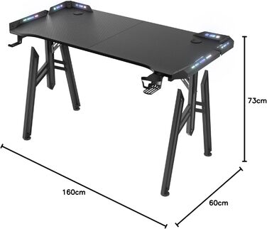 Ігровий комп&39ютерний стіл зі світлодіодним підсвічуванням 160x60 см, чорний, ПК-стіл з підставкою для чашок та гачком для навушників, ергономічний ігровий стіл M-подібної форми, ігровий стіл з вуглецевим волокном для спальні/кабінету, 160x60x73 см
