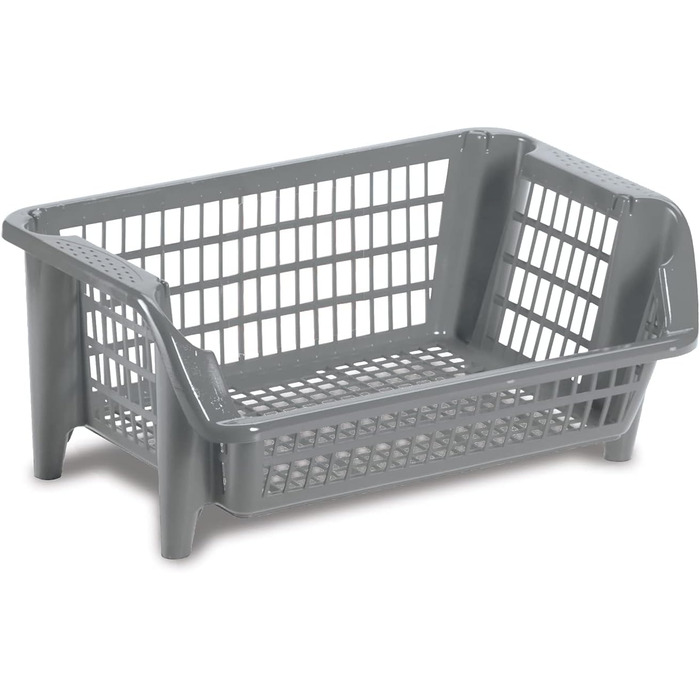 Стелаж Kreher, що складається з чотирьох штабельованих пластикових кошиків сірого кольору. Штабельується та вкладається. Можна розширювати за бажанням.