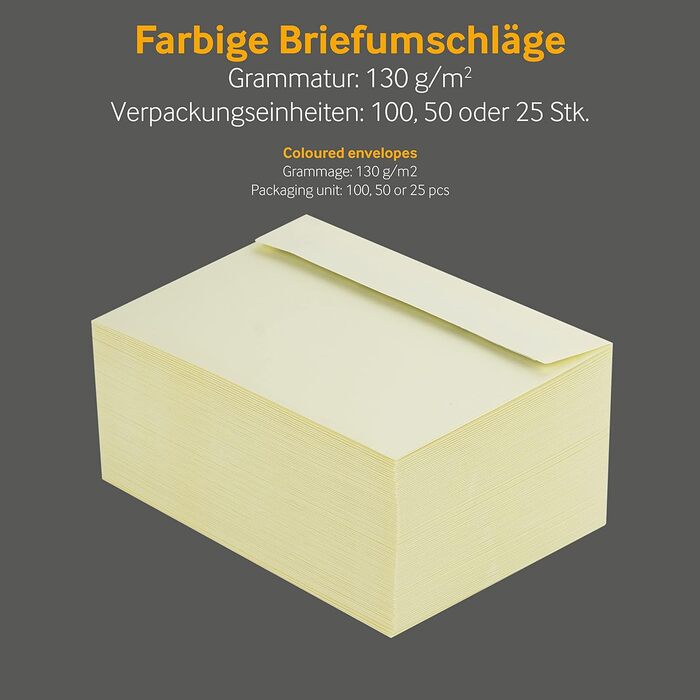 Кольорові конверти, DIN C6/5, Чутливий до тиску клей зі смужками, що відклеюються, Прямий клапан, 130 г/кв.м Colorista, З вікном, Жовтий, Порожні конверти (DIN C6, Кремово-жовтий-50), 100 шт.