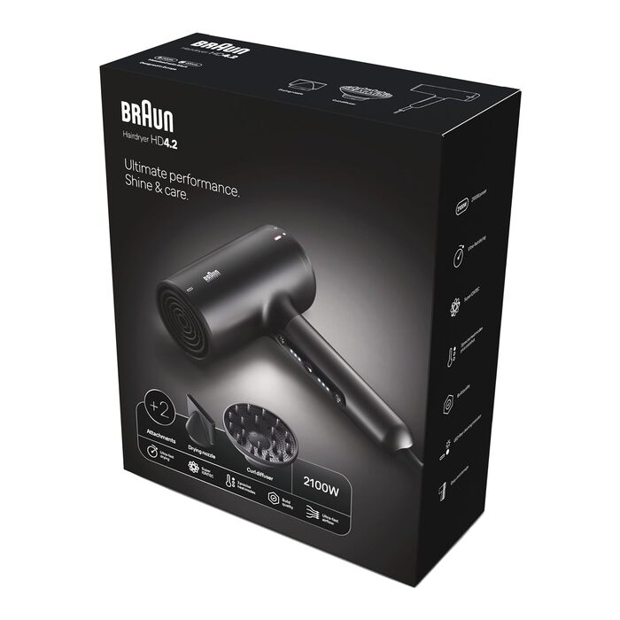 Фен Braun HD4.2 Premium легкий та потужний (2100 Вт) з технологією Super IONTEC, дифузором та насадкою для стайлінгу, 3 температури та 3 швидкості, для всіх типів волосся, чорно-сірий, BRHD425E