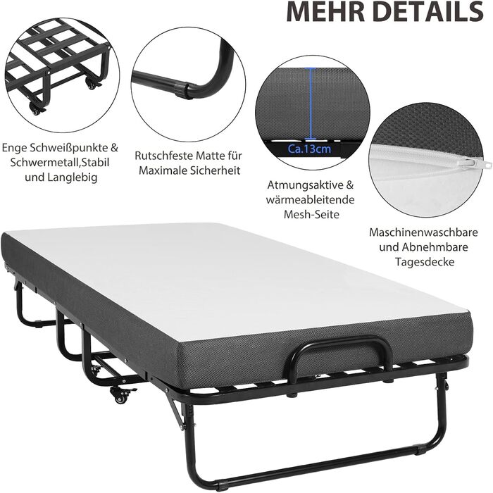 Розкладне ліжко DICTAC 90x200 см для дорослих з матрацом з піни з ефектом пам&39яті приблизно 13 см Гостьове ліжко Розкладне металеве каркасне розкладне ліжко з колесами Дорожнє ліжко Розкладне металеве ліжко Стабільне навантаження до 200 кг Розкладне ліж
