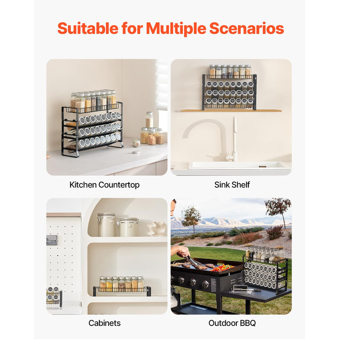 Знімна підставка для спецій VEVOR, 4-рівневий органайзер для спецій, підставка для спецій, що штабелюється (401 x 116 x 271 мм), кухонне місце для зберігання на стільниці, кухонна комора, комора, чорний колір