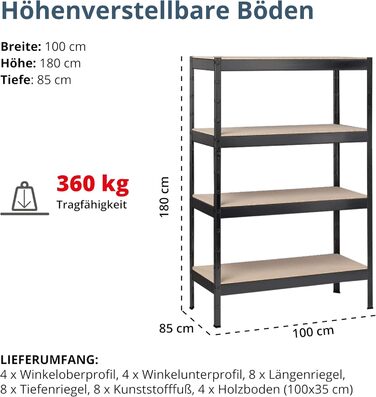 Полігатор SCHULTE Shelf World з 4 дерев&39яними полицями, 180x100x35 см (ВxШxГ), вантажопідйомність на полицю приблизно 90 кг, чорне текстуроване покриття, полиця для зберігання, полиця для підвалу, полиця для майстерні, безболтові полиці