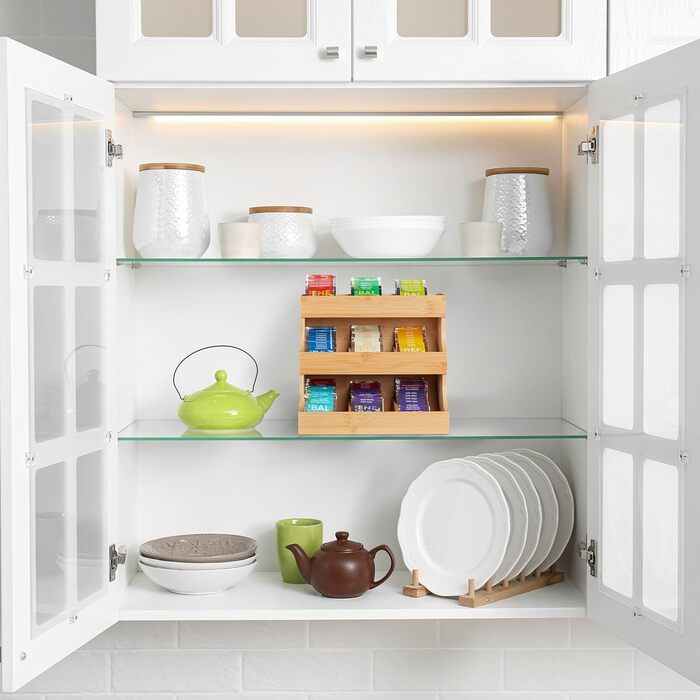 Органайзер для чаю Relaxdays, 9 відділень, виготовлений з бамбука, HBT 24 x 27 x 17,5 см, для чаю та кави в капсулах, вертикальна підставка для чаю, білий/натуральний