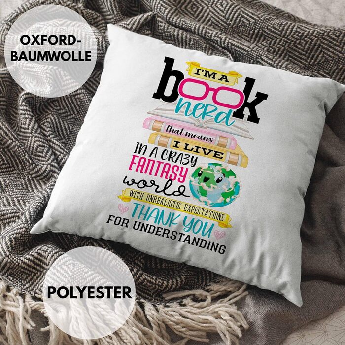 Подарункова подушка Trendation Bookworm з наповнювачем 40x40 Я книголюб Читання книг Подарунок Bookworm Висловлювання Читання (сіра)