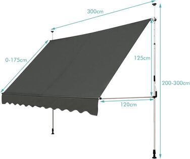 Тент COSTWAY із затискачем, ширина 300 см, балконний тент без свердління, стійкий до ультрафіолету, регульований по висоті, водовідштовхувальний, тент з ручним приводом, сонцезахисний тент, сонцезахист для балкону, сірий 300 см сірий