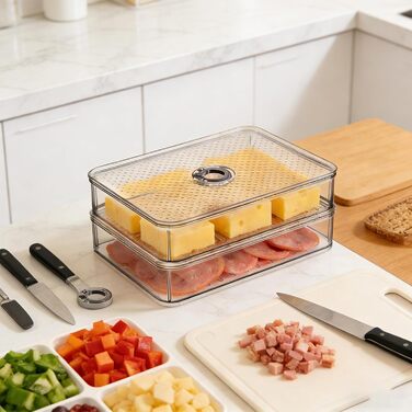 Двошарова коробка для сиру з кришкою контейнер для зберігання сиру, що штабелюється, прозора коробка для зберігання сиру, ковбас, ковбас та інших продуктів у холодильнику, двошаровий контейнер для зберігання сиру на кухні