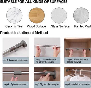 Штанга для одягу Hershii для шафи, натяжна штанга для віконної/душової шторки, свердління не потрібне, телескопічна штанга з нержавіючої сталі, висувна штанга для гардеробу, діаметр трубки 25,4/22,2 мм, 40-60 см, колір слонової кістки, сірий 40-60 см