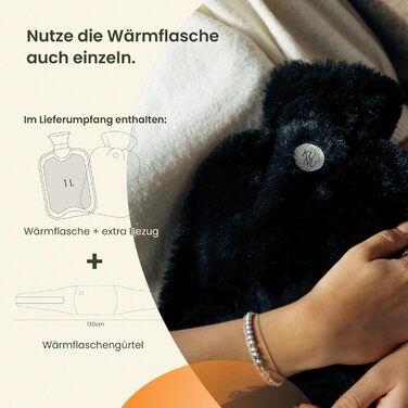 Пояс для грілки KUNU Original - Преміальна довга грілка з поясом - Пояс для нагрівання під час менструації 130 см - Плюшева грілка з кришкою - Пояс для грілки з подарунковою упаковкою, пухнастий чорний