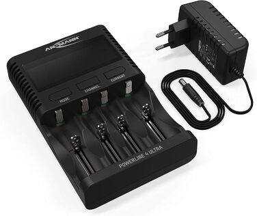 Зарядний пристрій ANSMANN Powerline 4 Ultra для акумуляторів AA/AAA/C/D NiMH та круглих літій-іонних елементів 18650/26650 з 4 програмами заряджання, включаючи 8 акумуляторів NiMH AA2850, швидкий зарядний пристрій Powerline 4 Ultra з 8 акумуляторами AA285