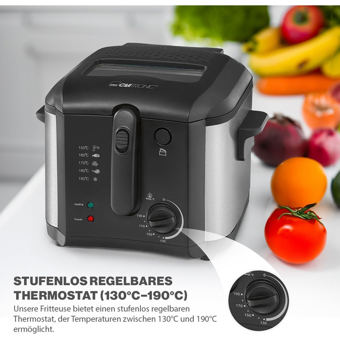 Фритюрниця Clatronic з місткістю олії/жиру 2.5 л Фритюрниця з контейнером для олії з антипригарним покриттям Frying Eye з 2 світловими індикаторами З оглядовим вікном і фільтром для запахів і жиру ФР 3649