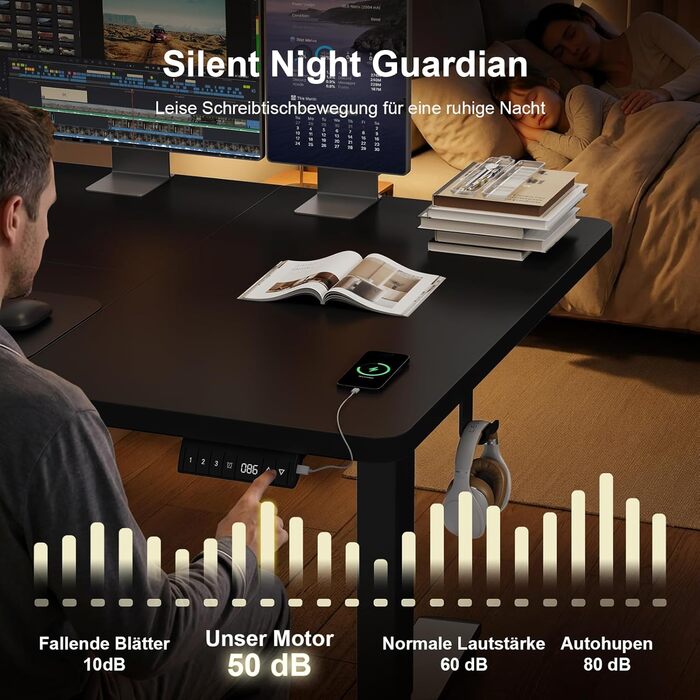 Стіл з регульованою висотою 160 x 80 см з кабельним лотком, Електрично регульований по висоті стіл для роботи стоячи з USB-портом, Комп&39ютерний стіл, Ергономічний стіл для роботи сидячи та стоячи, Офісний стіл, Чорний 160 x 80 см