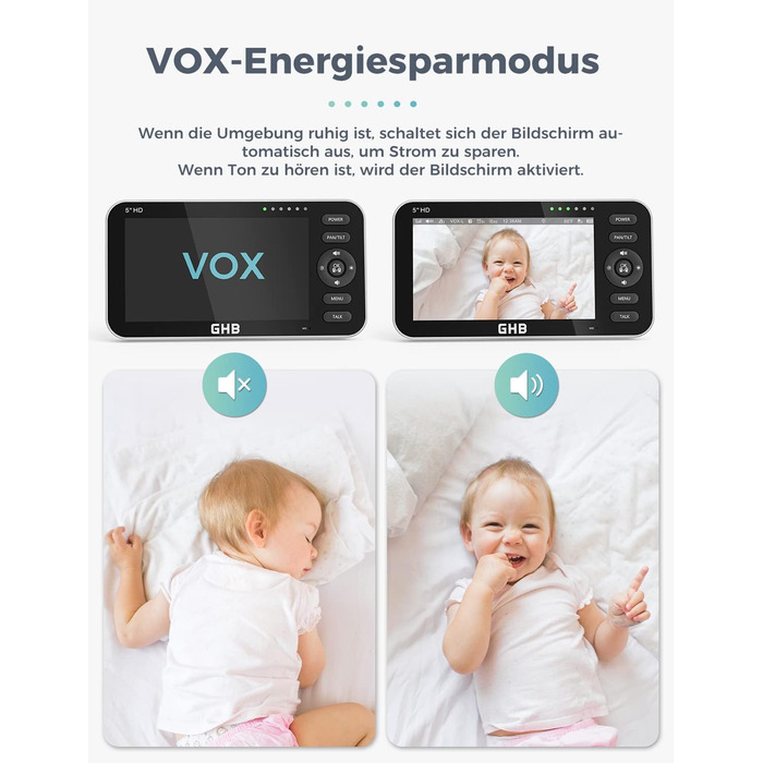 Радіоняня з 2 камерами 5-дюймовий 720P HD IPS-дисплей Камера радіоняні Режим VOX Двостороння розмова Нічне бачення Дисплей темпера