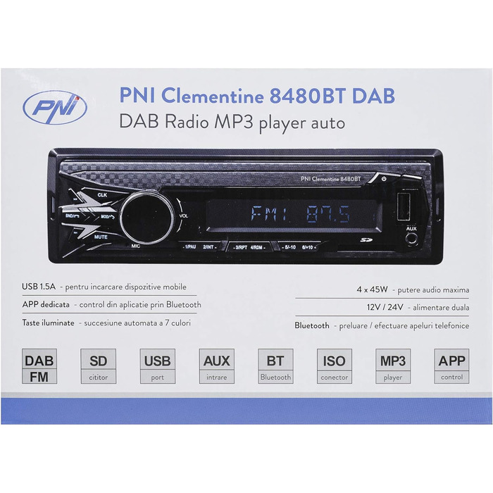 Автомобільна магнітола DAB MP3 PNI Clementine 8480BT, 4x45 Вт, 12/24 В, 1 DIN, з SD, USB, AUX, RCA, Bluetooth і USB 1.5A для зарядки телефону Single