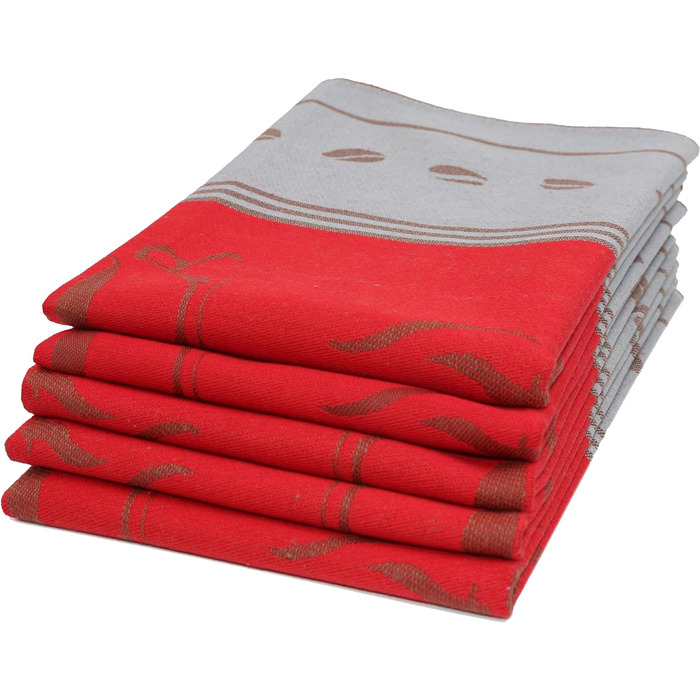 Набір з 5 чайних рушників, 50x70 см, бавовна, кавовий мотив, червоний