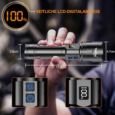 Акумуляторний світлодіодний ліхтарик 500 000 люмен, надзвичайно яскравий світлодіодний ліхтарик XHM90.2, що працює від батареї та USB, потужний тактичний ліхтарик, 2 перемикачі, ліхтарик з плавним затемненням для надзвичайних ситуацій на свіжому повітрі, 