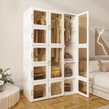 Складана шафа, 104x170x50 см, швидке складання, універсальна шафа з рейкою для одягу та магнітними дверцятами, ідеально підходить для спальні та вітальні, коричнева прозора панель дверей 104x50x170 см